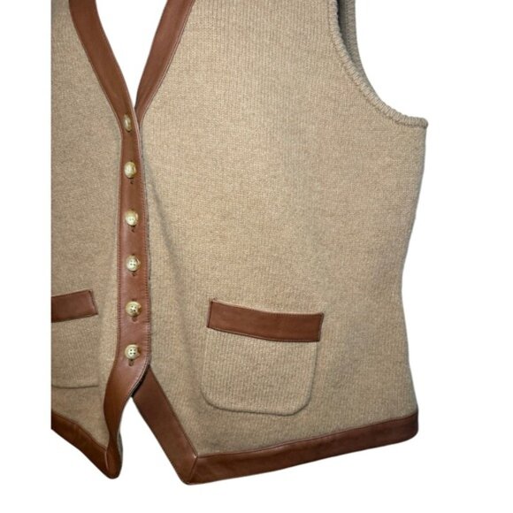 Lauren Ralph Lauren Wool Cashmere V-Neck Vest Womens 2X Tan Contrast Trim Button - Picture 6 of 8